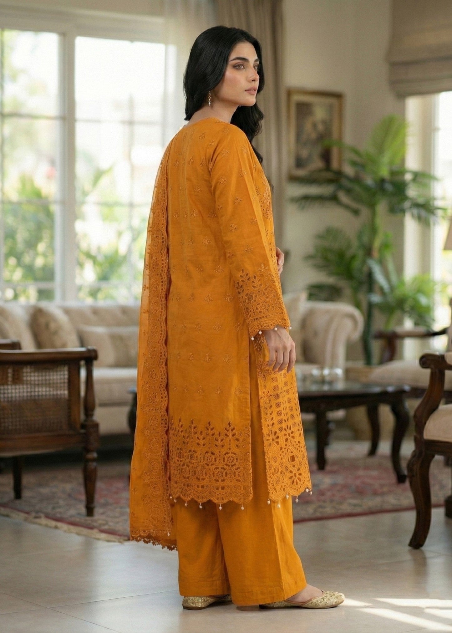 Straight Kurta Mustard Chikankari Cotton Suit Online in Dubai UAE Abudhabi Ajman Sharjah