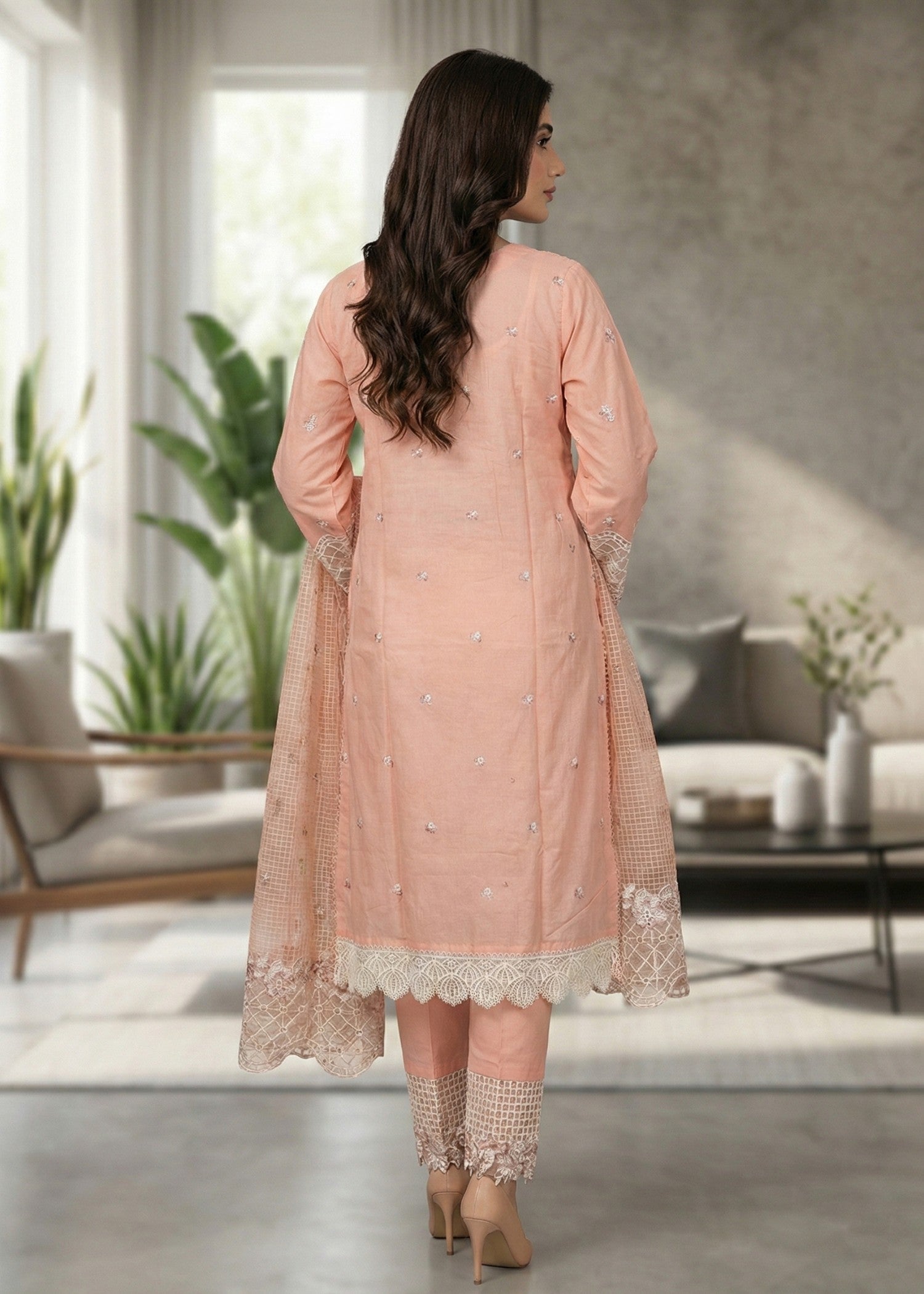 Straight Kurta Peach Lawn Pakistani Suit Online in KSA Riyadh Saudi Arabia Oman Bahrain Qatar