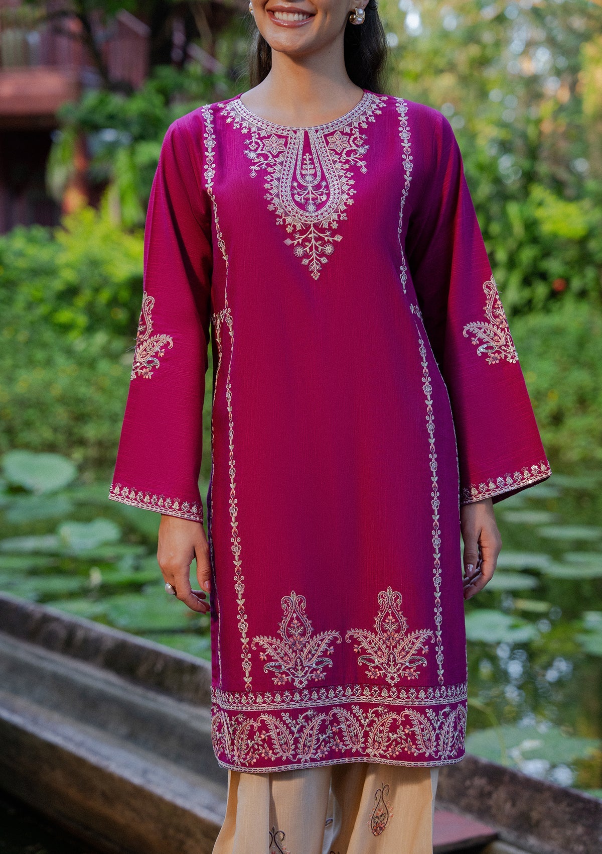 Straight Kurta Trouser Set in Shocking Pink Khaddar Online in KSA Riyadh Saudi Arabia Oman Bahrain Qatar