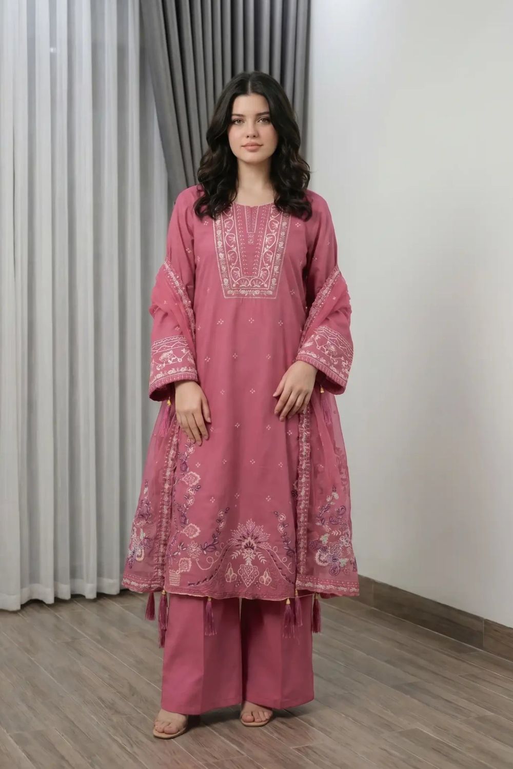 Strawberry Pink Embroidered Cotton Kurta Set Online in Dubai UAE Abudhabi Ajman Sharjah