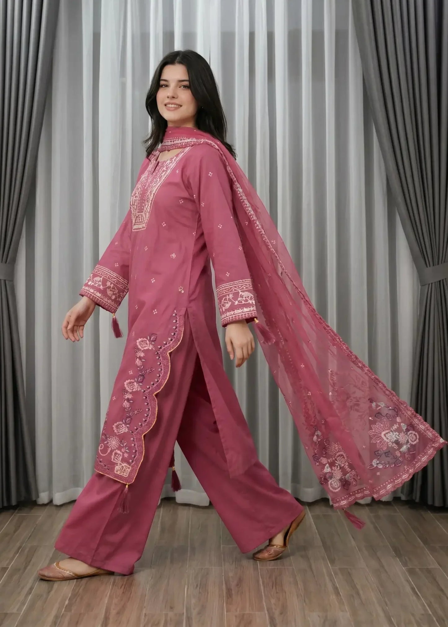 Strawberry Pink Embroidered Cotton Straight Trouser Suit Online in Dubai UAE Abudhabi Ajman Sharjah