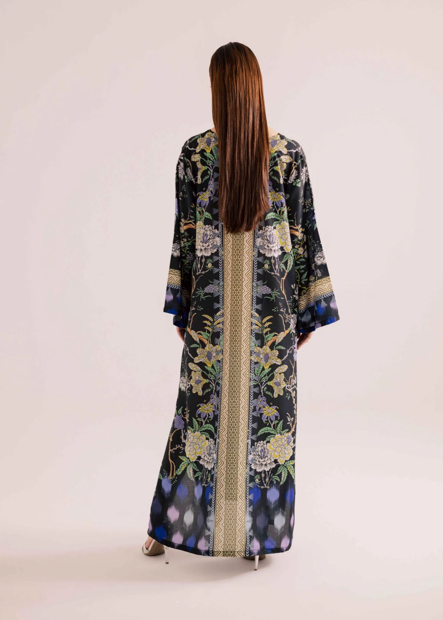 Sublimation Printed Black Kaftan Dress Online in KSA Riyadh Saudi Arabia Oman Bahrain Qatar