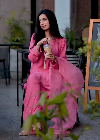 Designer Hot Pink Raw Silk Pakistani Suit Online in KSA Riyadh Saudi Arabia Oman Bahrain Qatar