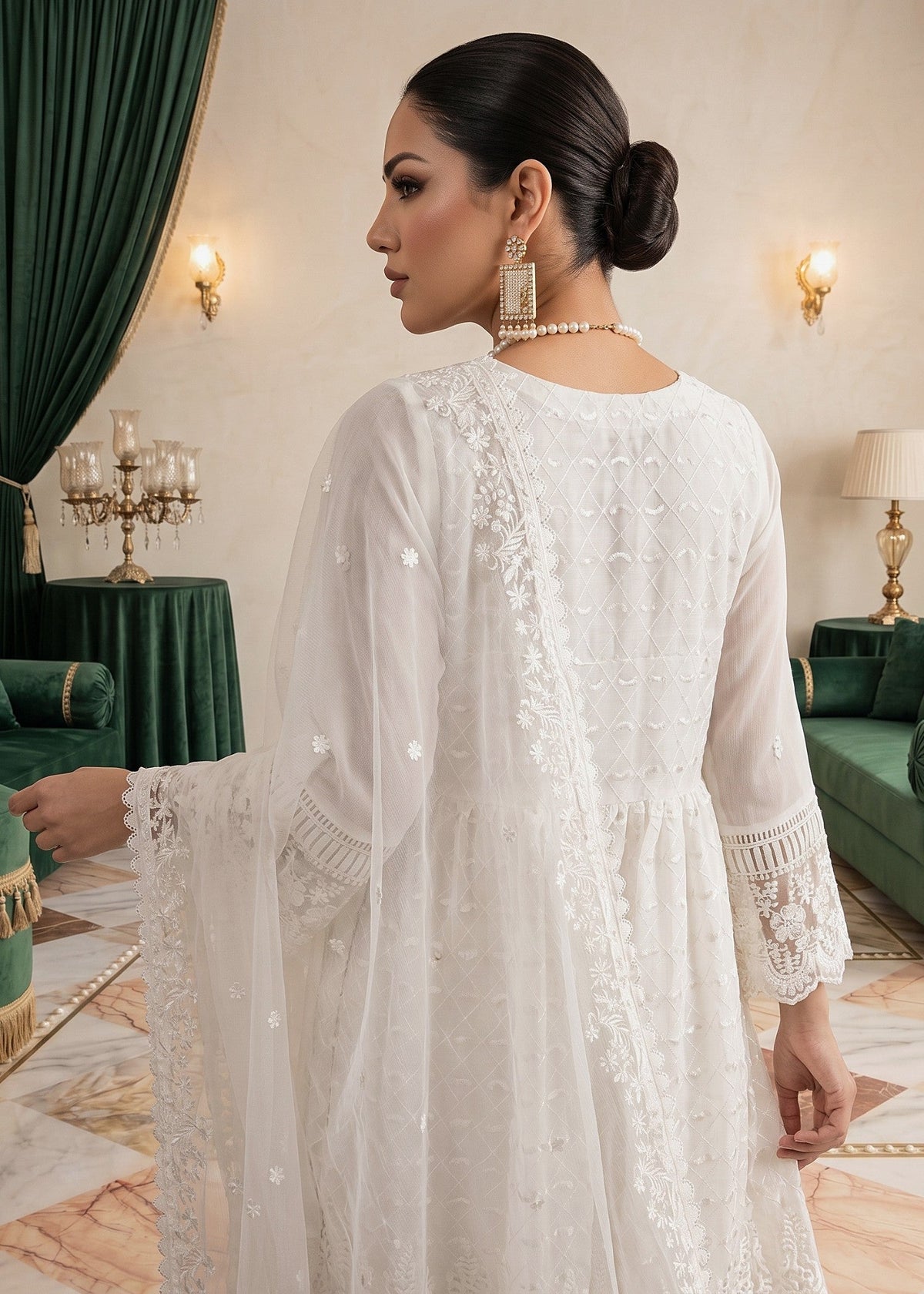 Embroidered White Chiffon Pishwas Suit Online in Dubai DXB UAE Abudhabi Meena Bazaar