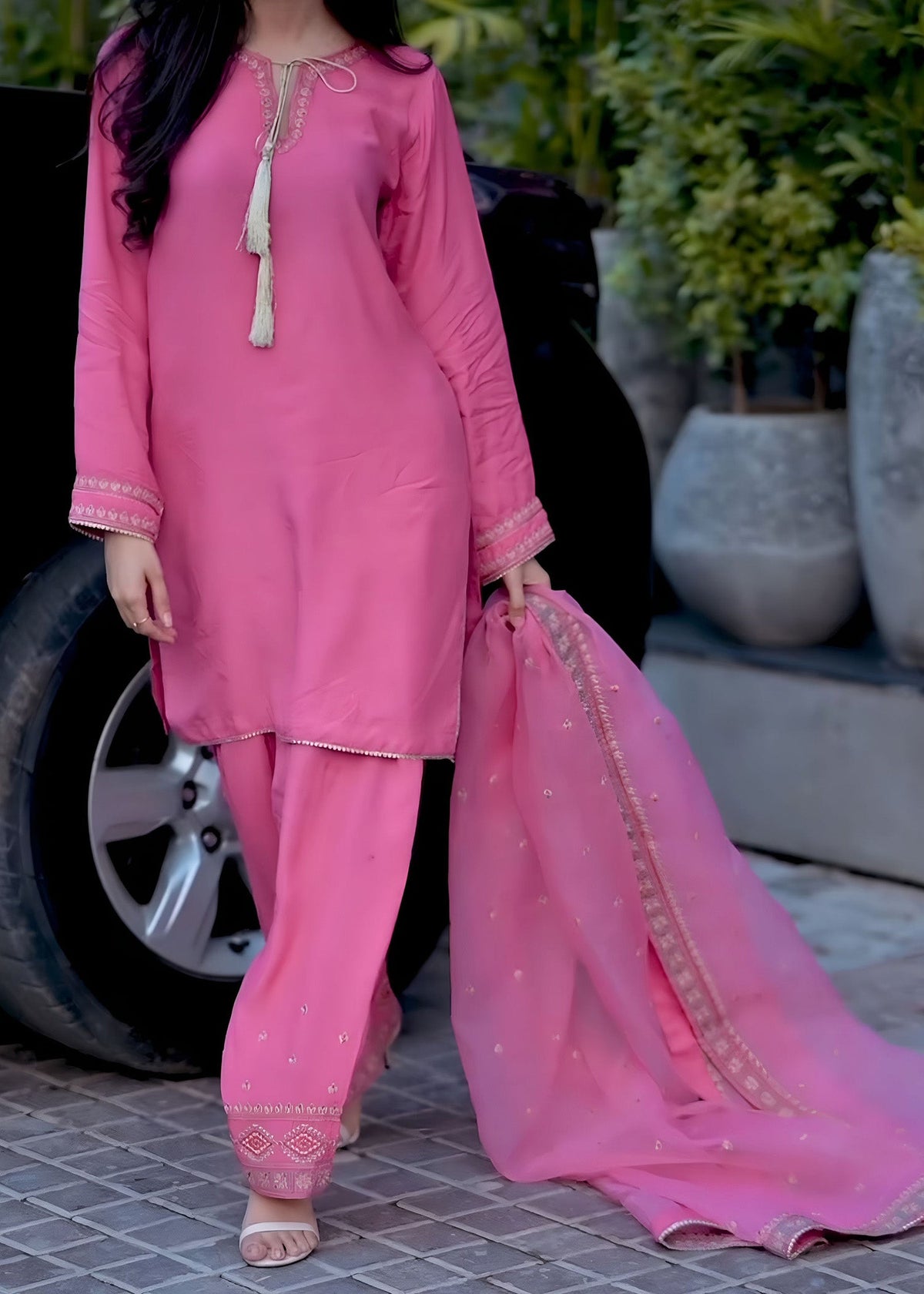 Festive Hot Pink Raw Silk Farshi Shalwar Online in Dubai DXB UAE Abudhabi Meena Bazaar
