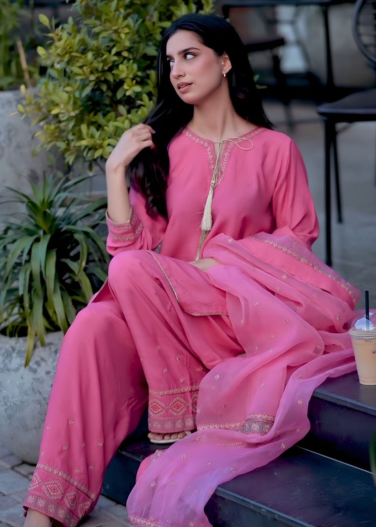 Hot Pink Embroidered Raw Silk Ladies Salwar Kameez Online in UK USA Canada