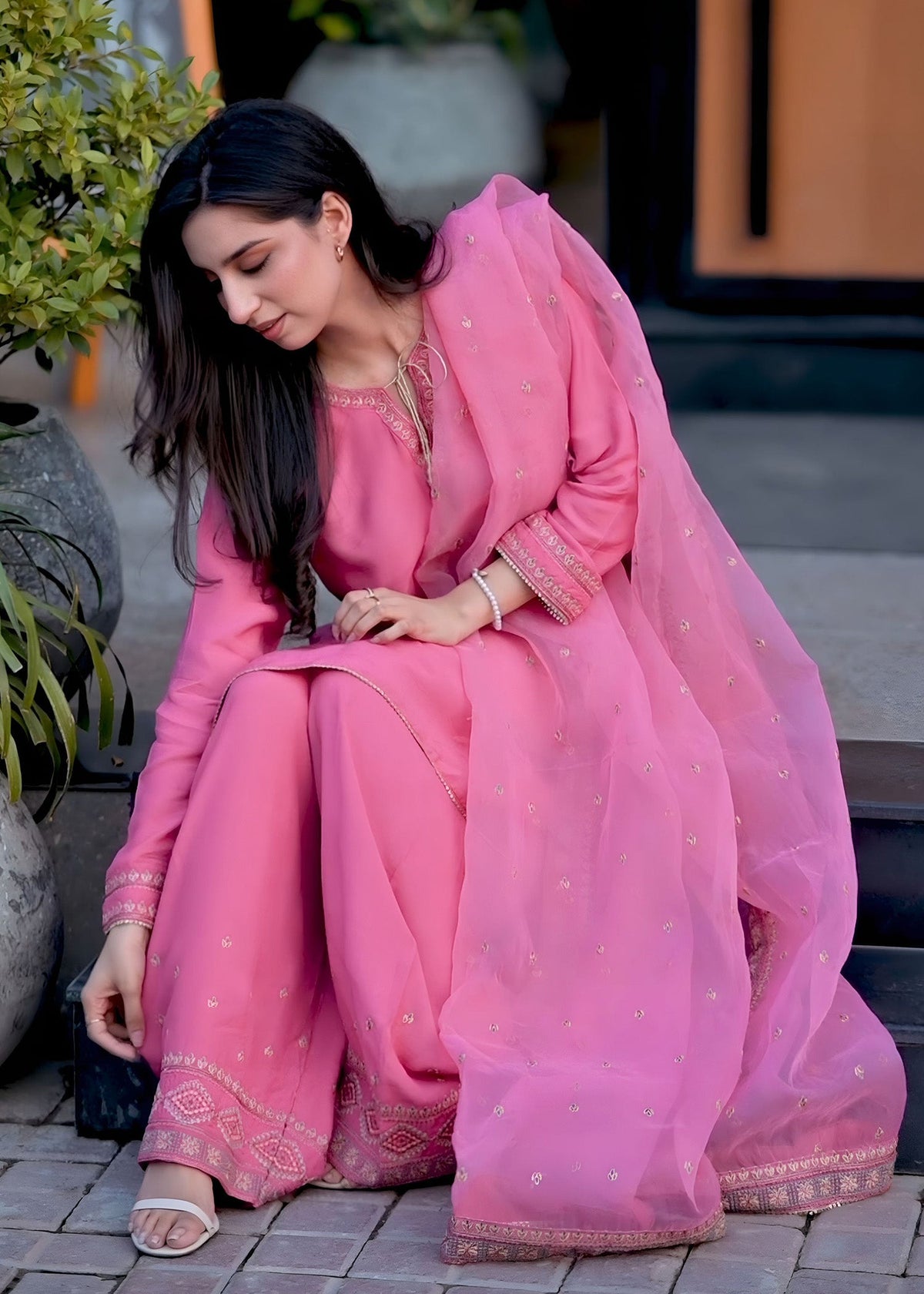 Hot Pink Embroidered Raw Silk Salwar Suit Online in Dubai UAE Abudhabi Ajman Sharjah