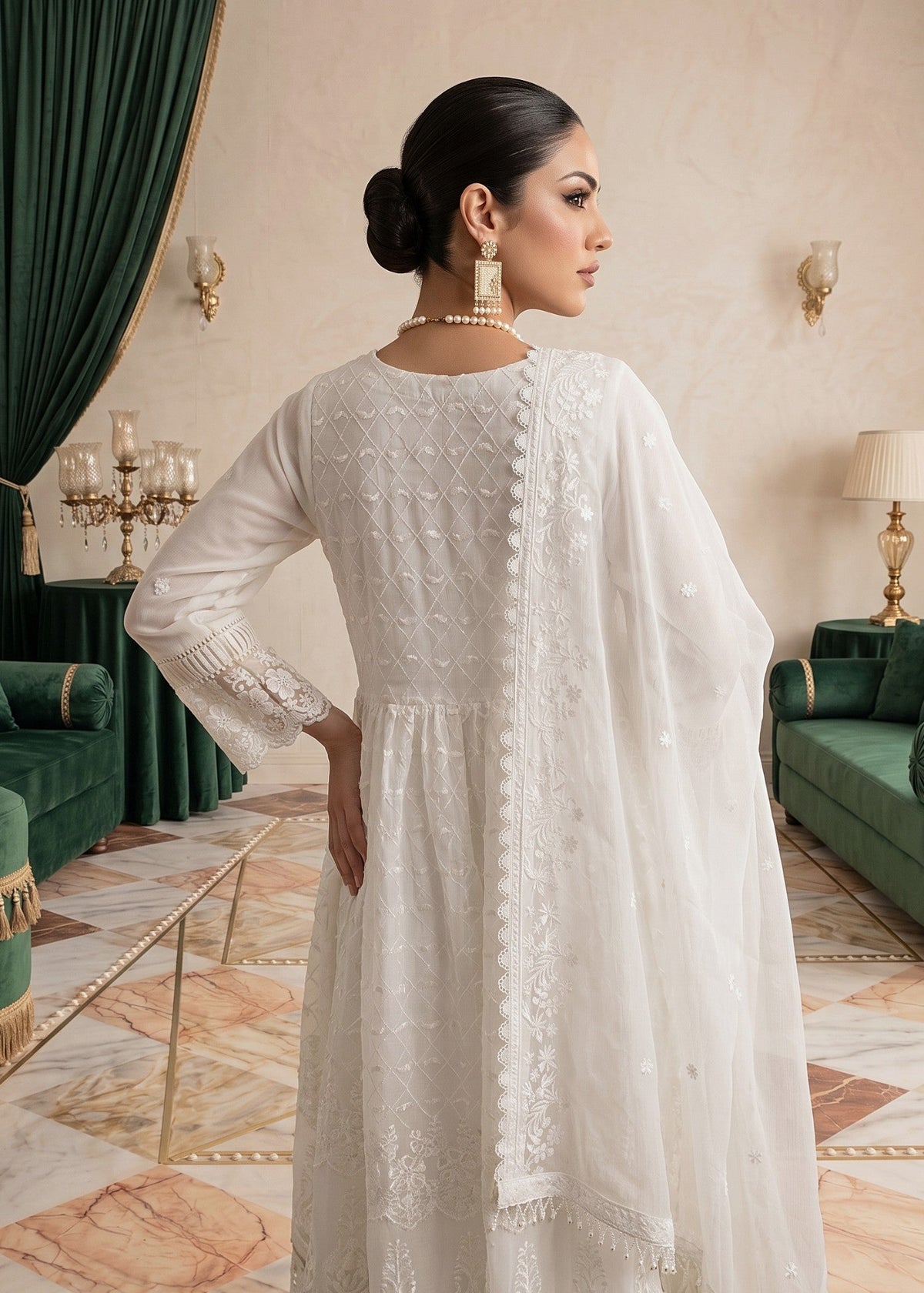 Ladies White Embroidered Chiffon Partywear Suit Online in UK USA Canada