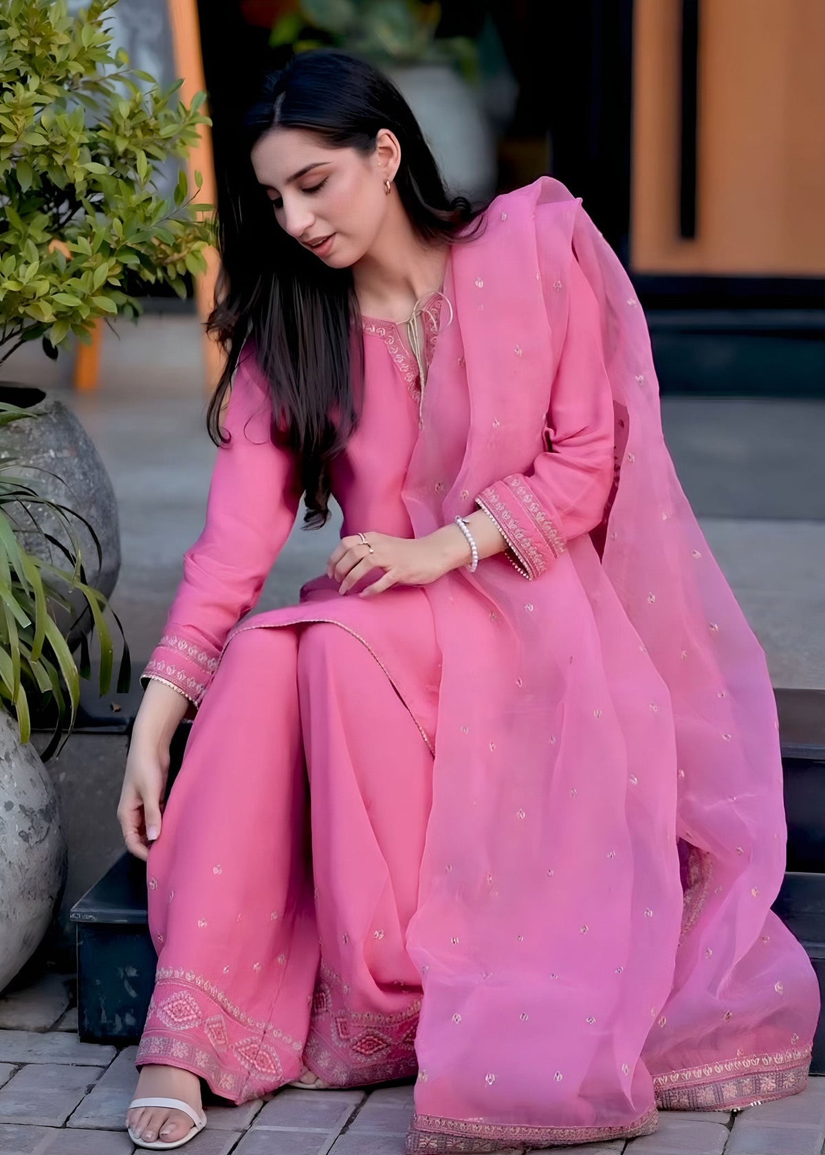 Pakistani Designer Hot Pink Raw Silk Salwar Kameez Online in KSA Riyadh Saudi Arabia Oman Bahrain Qatar