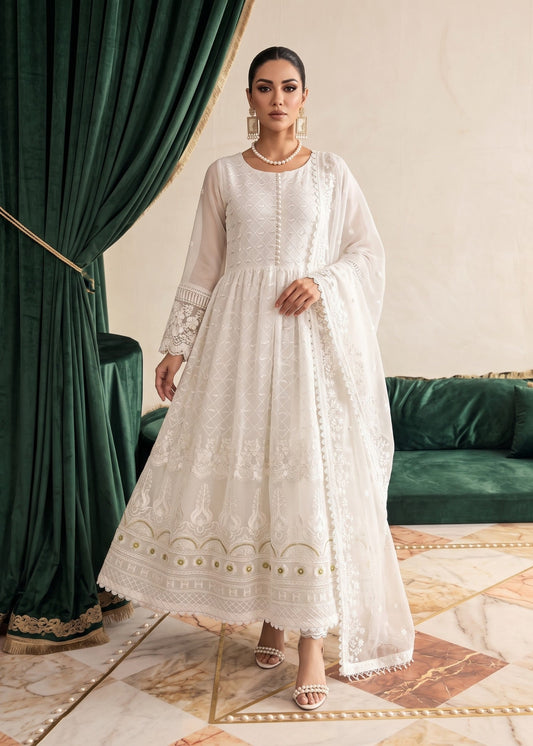 Pakistani Designer White Chiffon Pishwas Salwar Kameez Online in KSA Riyadh Saudi Arabia Oman Bahrain Qatar