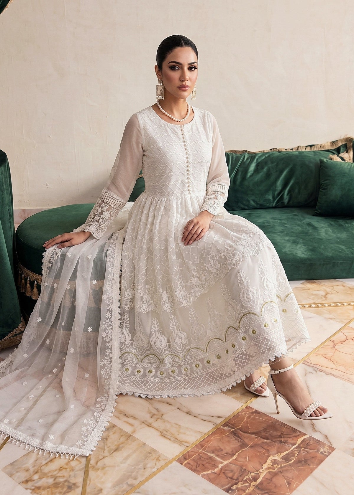 White Chiffon Pishwas with Chiffon Dupatta Online in Dubai DXB UAE Abudhabi Meena Bazaar