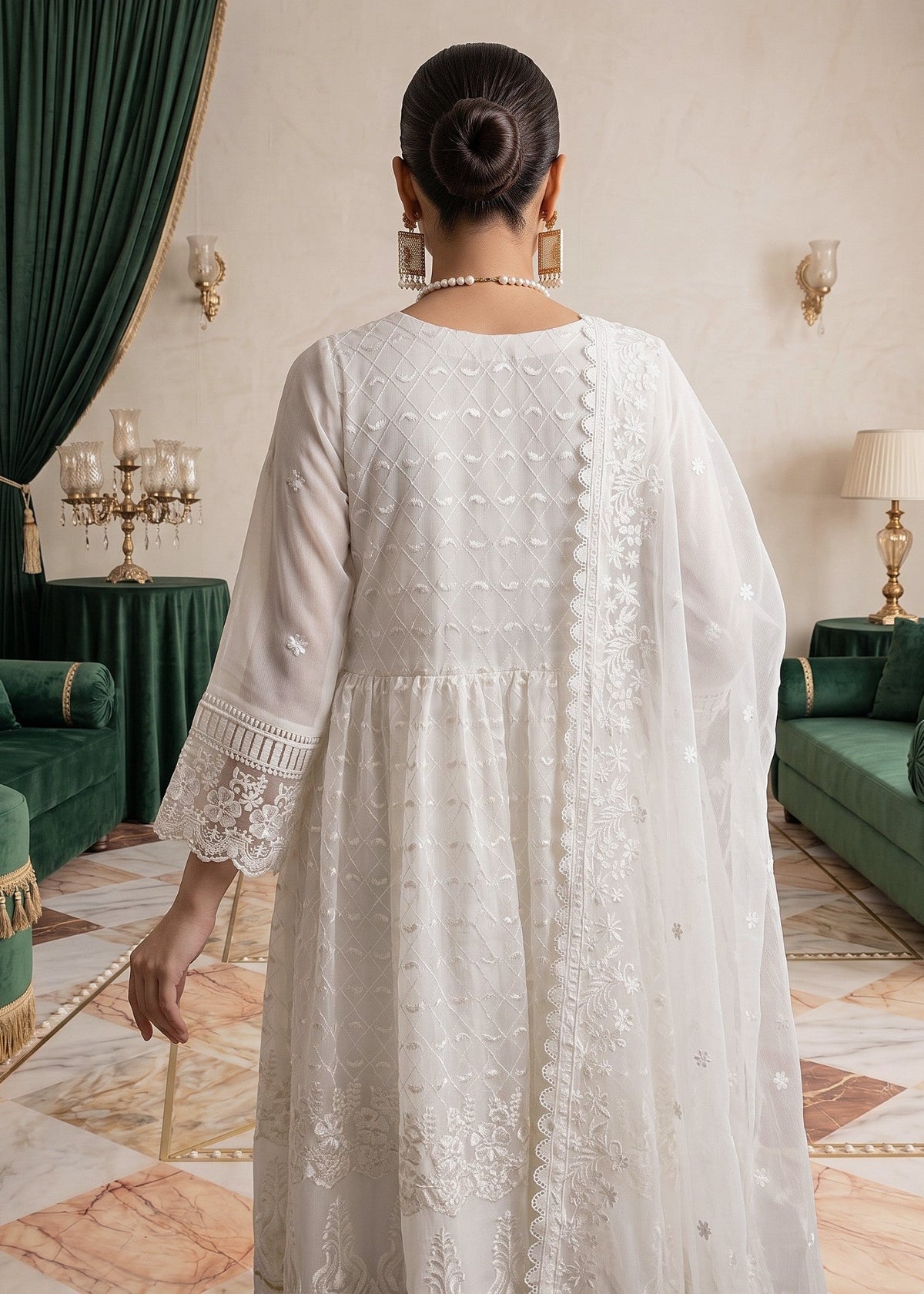 White Embroidered Chiffon Pishwas Online in Dubai DXB UAE Abudhabi Meena Bazaar