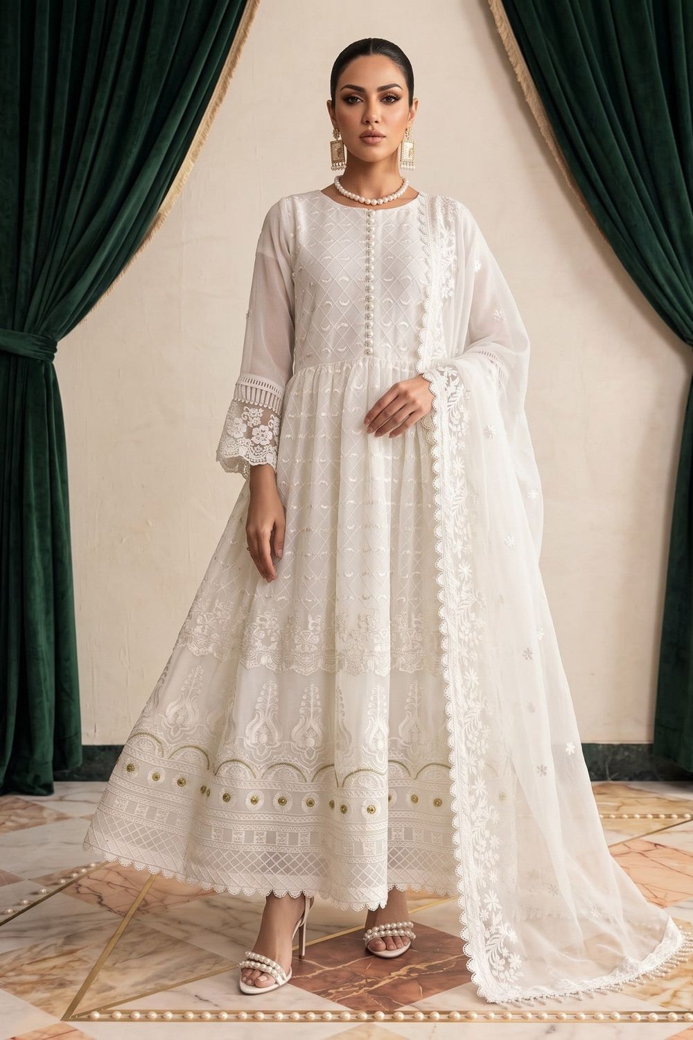 White Embroidered Chiffon Pishwas Suit Online in Dubai UAE Abudhabi Ajman Sharjah