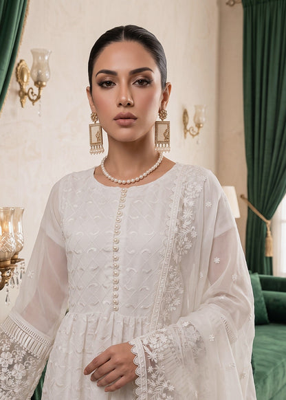White Embroidered Chiffon Pishwas Suit Online in Sri Lanka India Australia