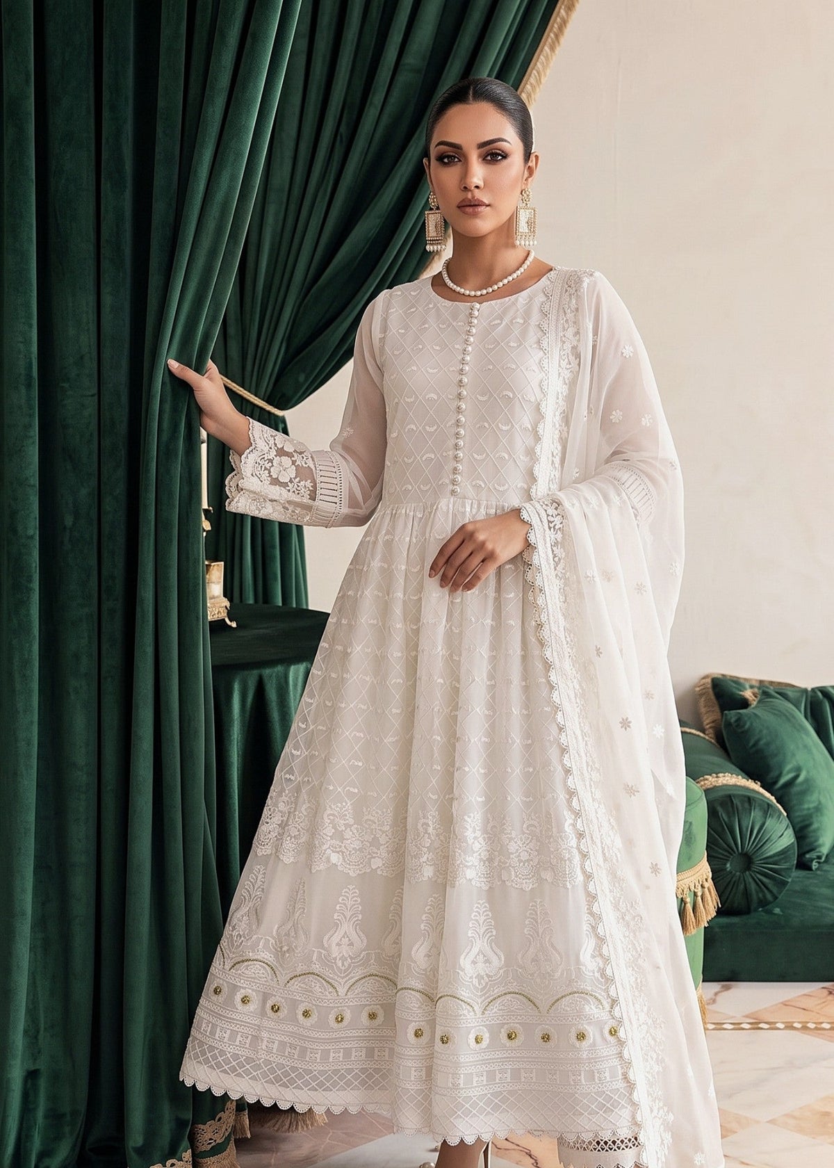 White Embroidered Chiffon Pishwas Pakistani Suit Online in Dubai UAE Abudhabi Ajman Sharjah