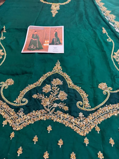 Emerald Green Hand Embellished Elegant Raw Silk Couture