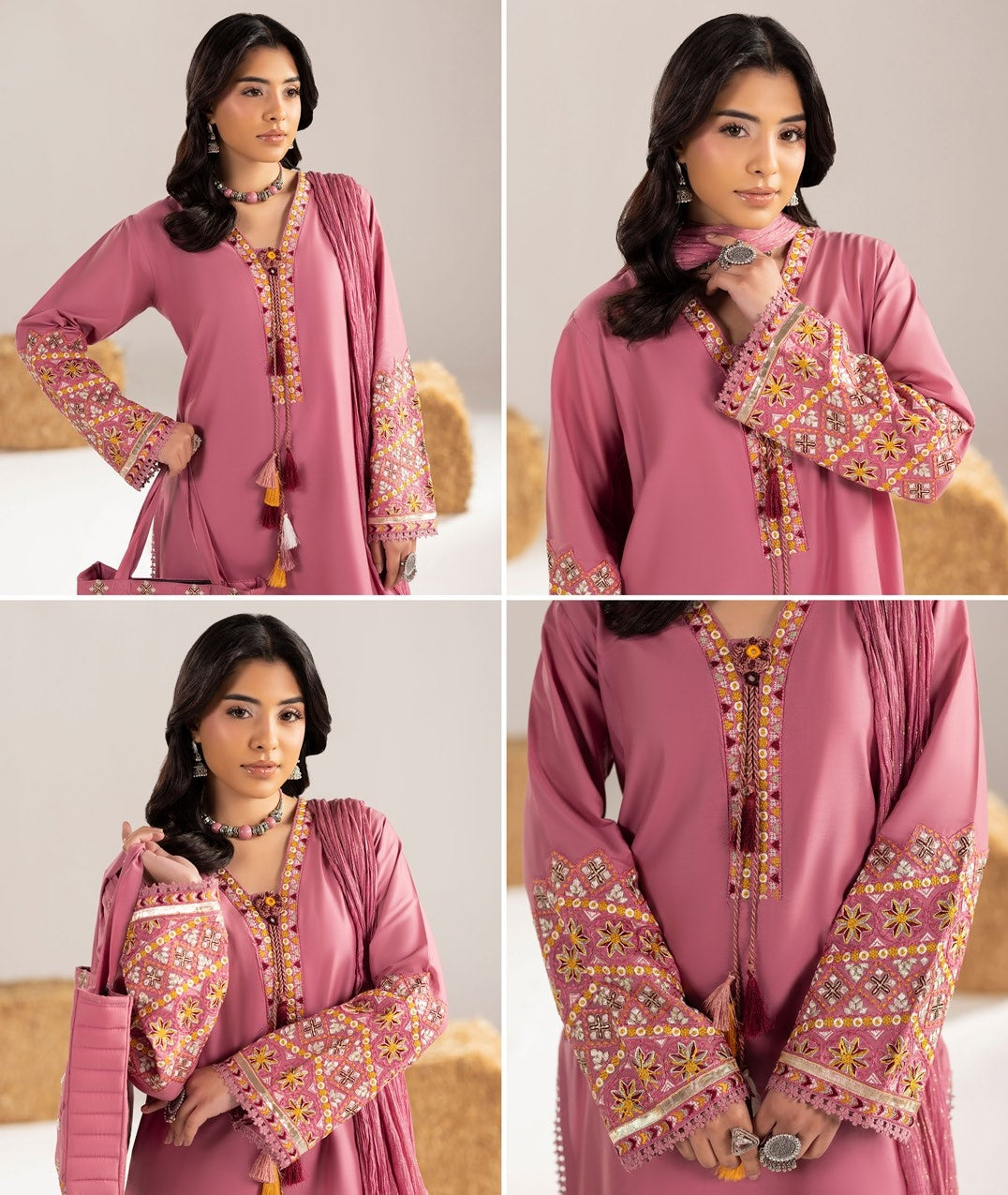 Summer Pink Cotton Embroidered Salwar Suit with Tote Online in Dubai UAE Abudhabi Ajman Sharjah