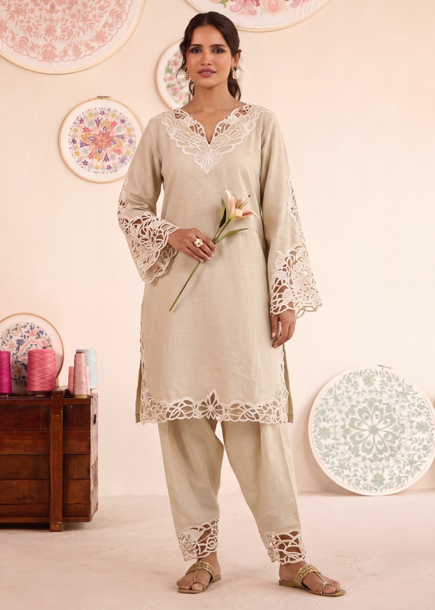 Summer Wear Beige Lawn Embroidered Suit Online in KSA Riyadh Saudi Arabia Oman Bahrain Qatar