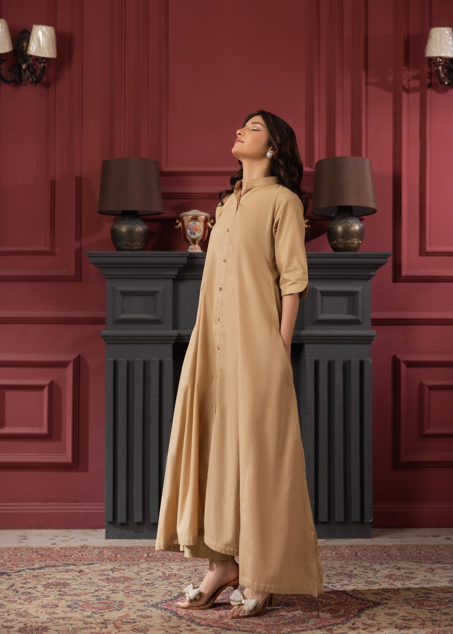 Summer Wear Beige Lawn Kurta Set Online in Sri Lanka India Australia