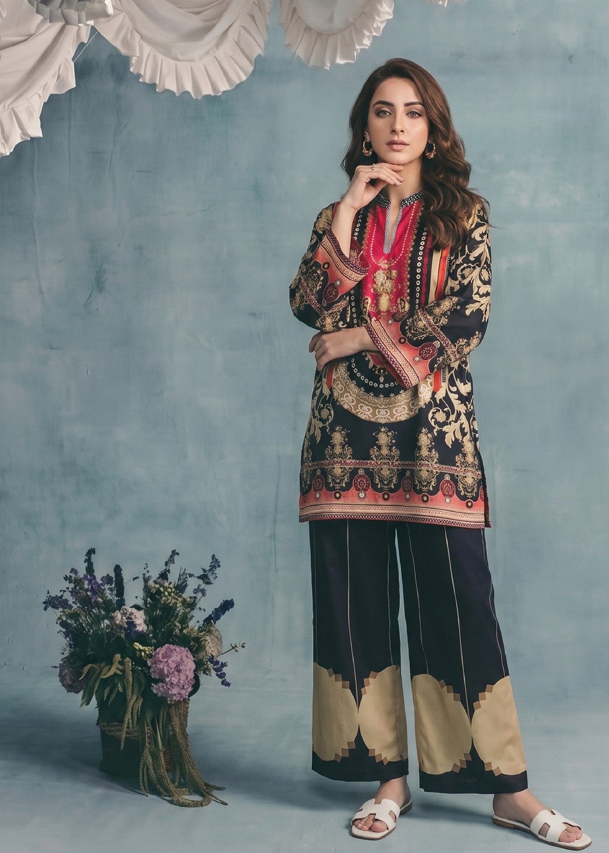 Summer Wear Black Slub Lawn Kurta Pajama Online in KSA Riyadh Saudi Arabia Oman Bahrain Qatar