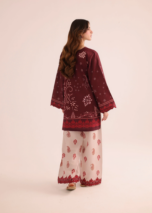 Summer Wear Blood Red Printed Poly Lawn Kurta Set Online in KSA Riyadh Saudi Arabia Oman Bahrain Qatar