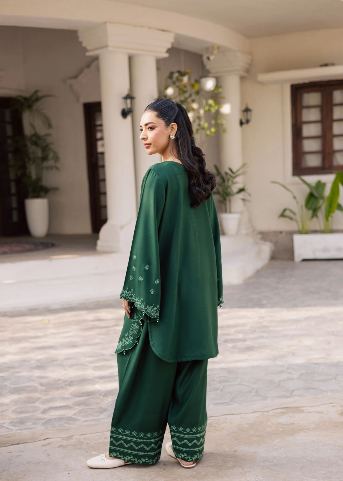 Summer Wear Bottle Green Embroidered Lawn Pakistani Kurta Set Online in UK USA Canada