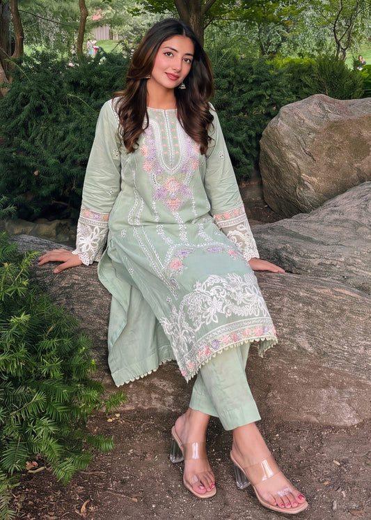 Summer Wear Pistachio Green Embroidered Lawn Pakistani Clothes Online in Sri Lanka India Australia