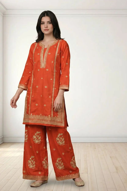 Sunset Orange Embroidered Cotton Kurta Set Online in Dubai UAE Abudhabi Ajman Sharjah
