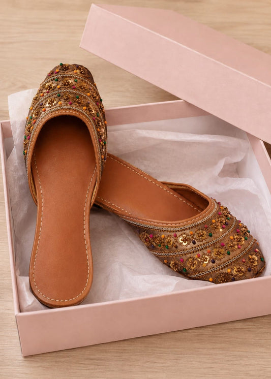 Synthetic-Mix Saddle Brown Embroidered Jutti Online in Sri Lanka India Australia