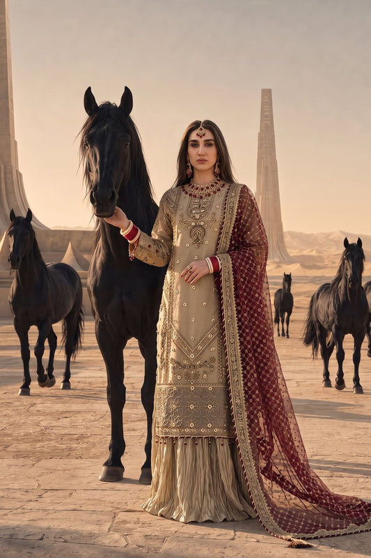 Tan Brown Adda Work Organza Sharara Online in Dubai UAE Abudhabi Ajman Sharjah