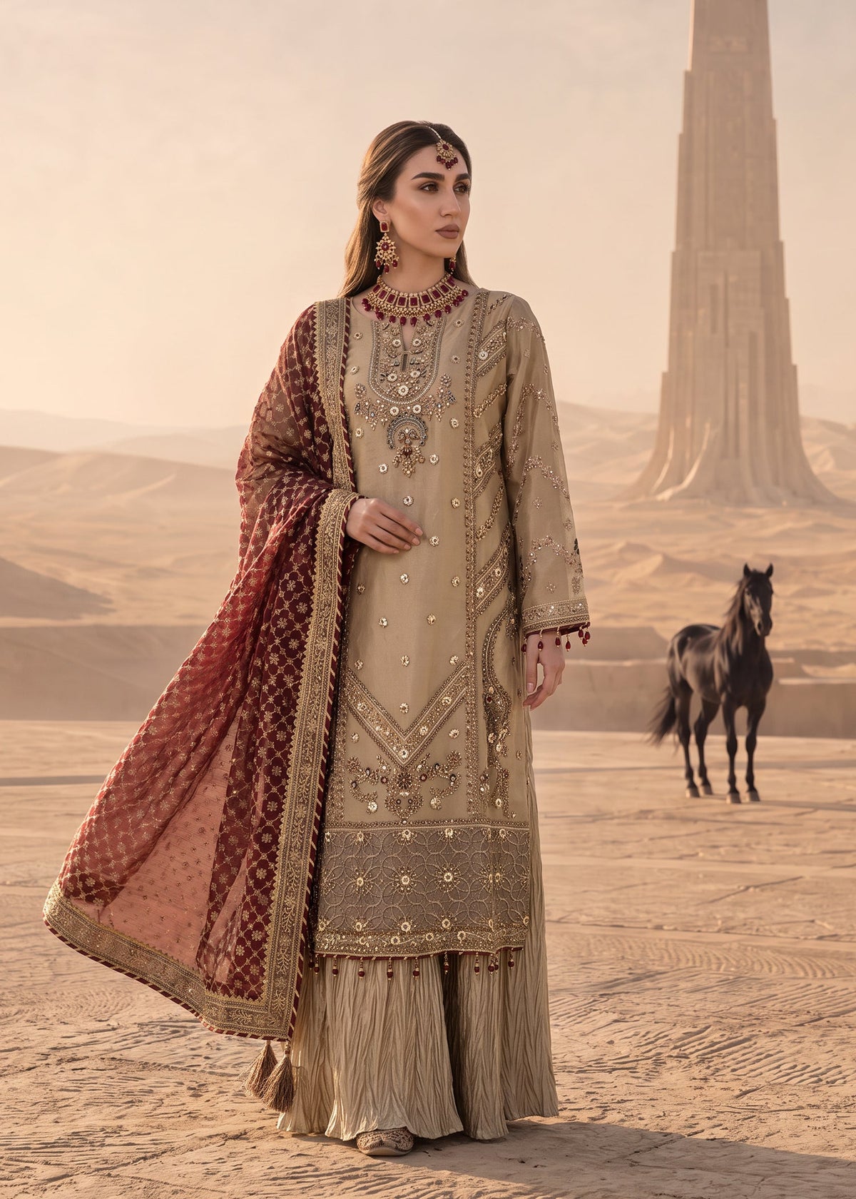 Tan Brown Embellished Organza Sharara for Wedding Guest Online in Sri Lanka India Australia