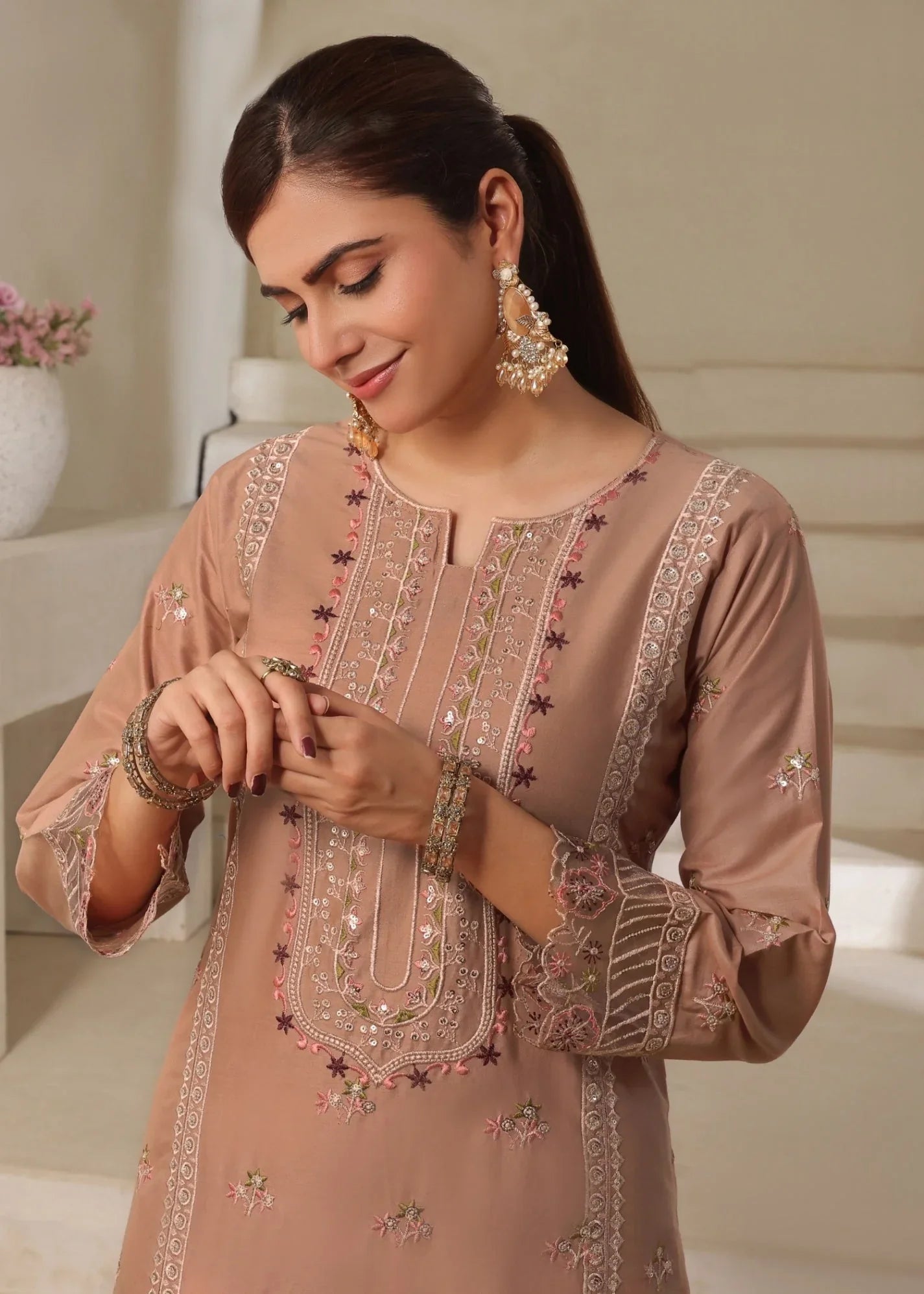 Tan Brown Embroidered Lawn Cotton Party Wear Suit Online in Dubai UAE Abudhabi Ajman Sharjah