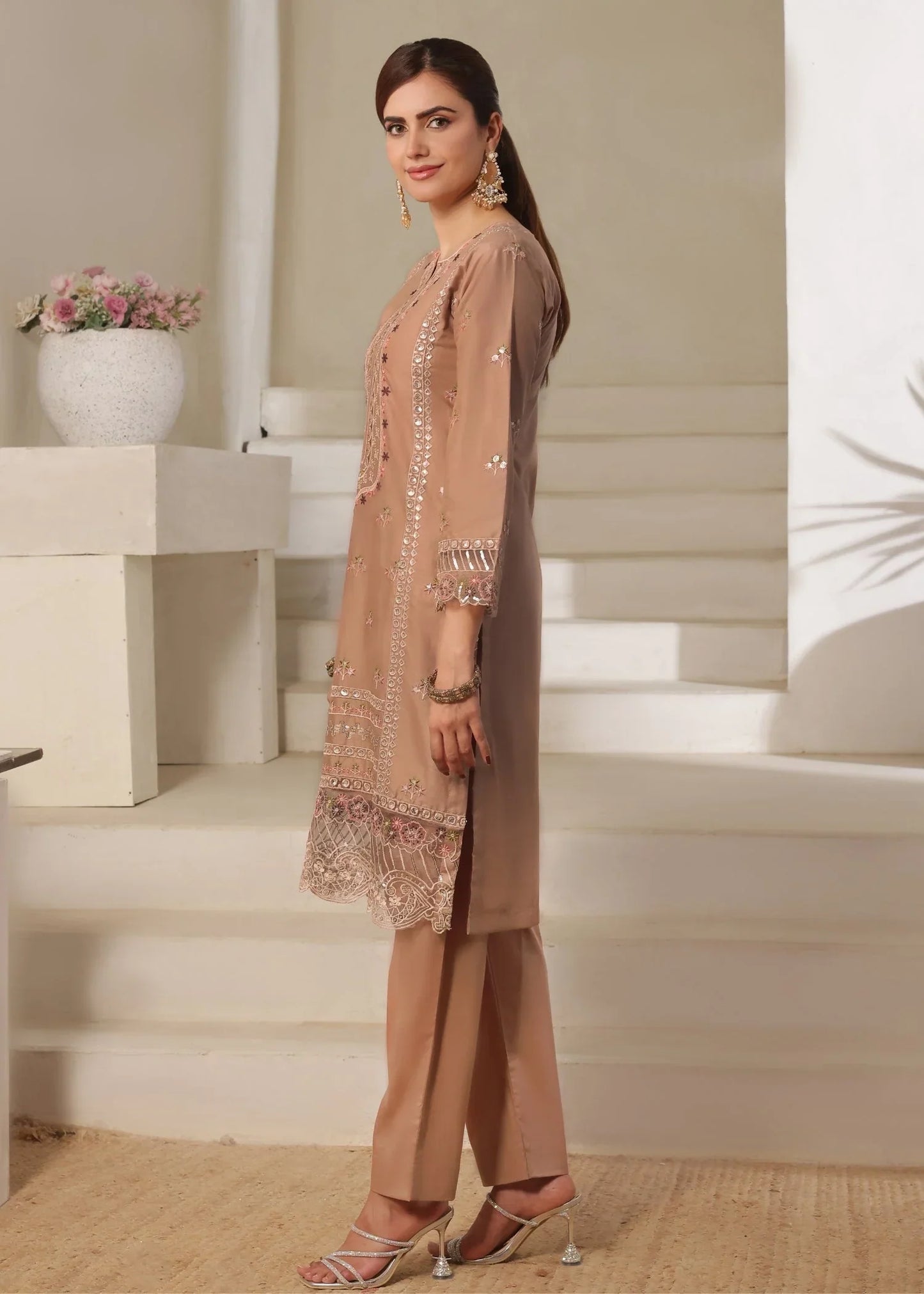 Tan Brown Lawn Cotton Embroidered Suit Online in Sri Lanka India Australia