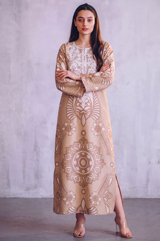 Tan Brown Patchwork Dhanak Kaftan Online in Dubai UAE Abudhabi Ajman Sharjah