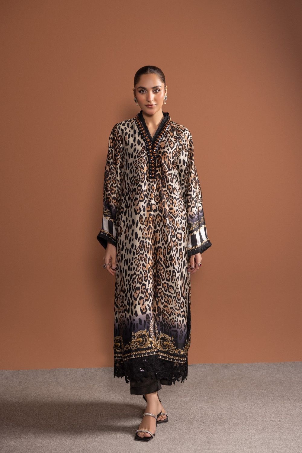 Tan Brown Printed Silk A-Line Kurta Set Online in Dubai UAE Abudhabi Ajman Sharjah