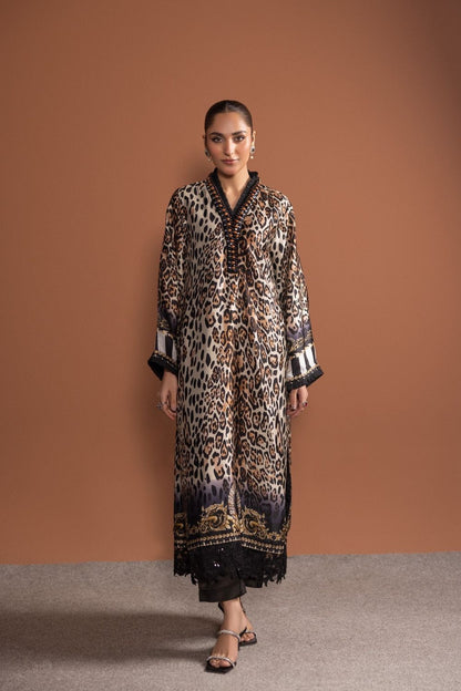Tan Brown Printed Silk A-Line Kurta Set Online in Dubai UAE Abudhabi Ajman Sharjah