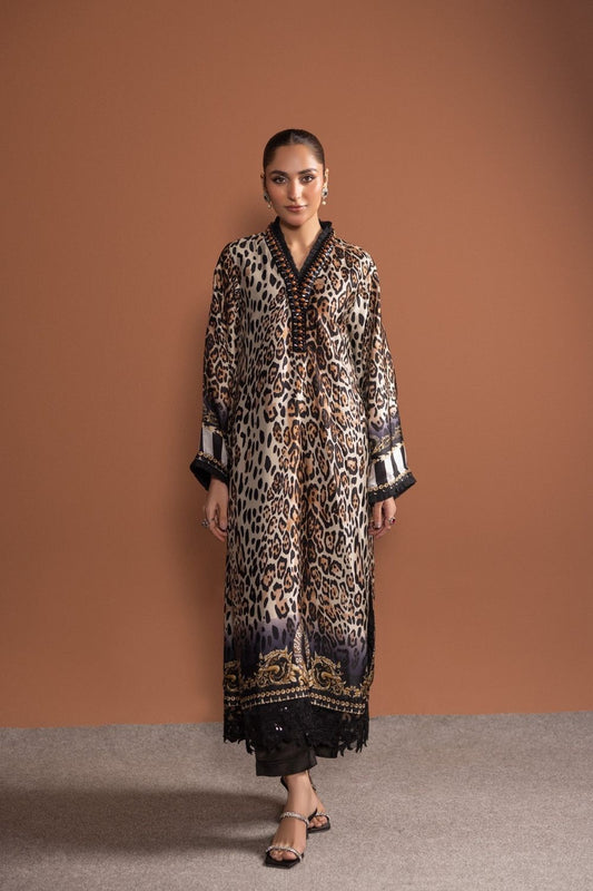 Tan Brown Printed Silk A-Line Kurta Set Online in Dubai UAE Abudhabi Ajman Sharjah
