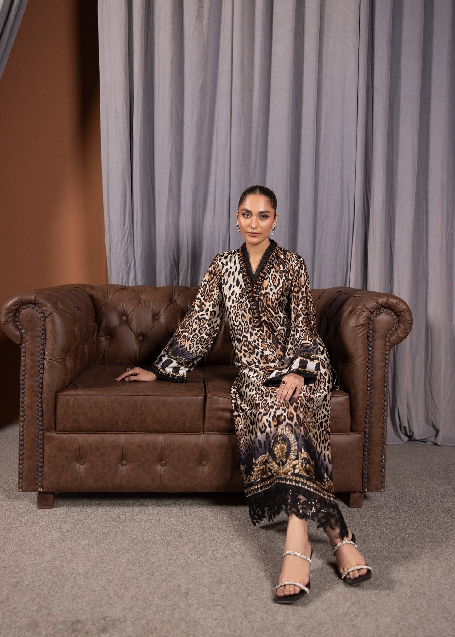 Tan Brown Printed Silk Party Wear Ensemble Online in Sri Lanka India Australia