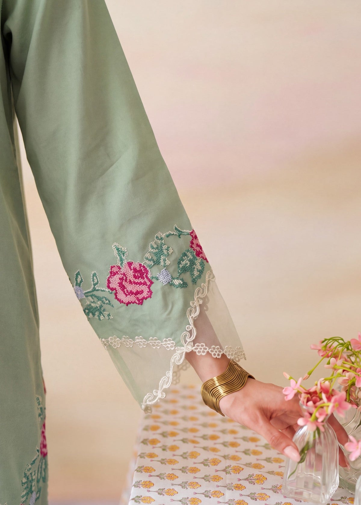 Tea Green Dhanak Embroidered Kurta Set Online in Sri Lanka India Australia