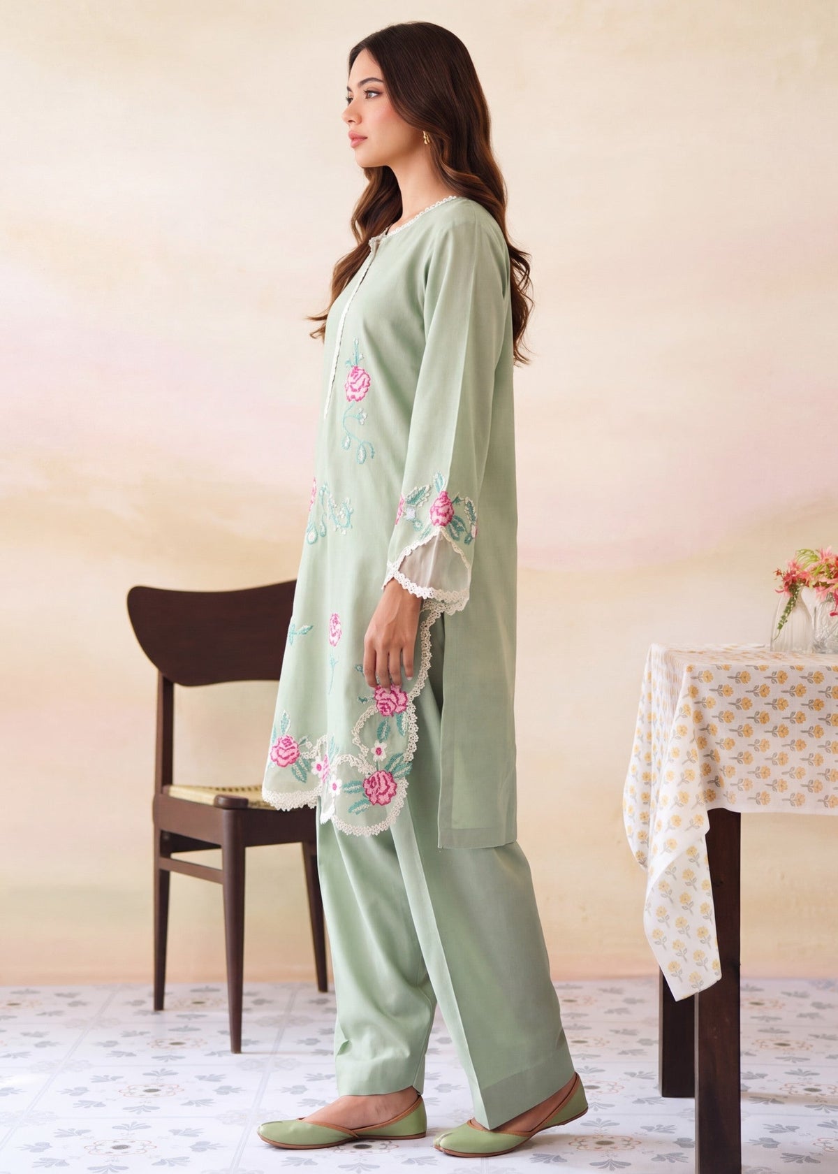 Tea Green Embroidered Dhanak Kurta Set Online in Dubai DXB UAE Abudhabi Meena Bazaar