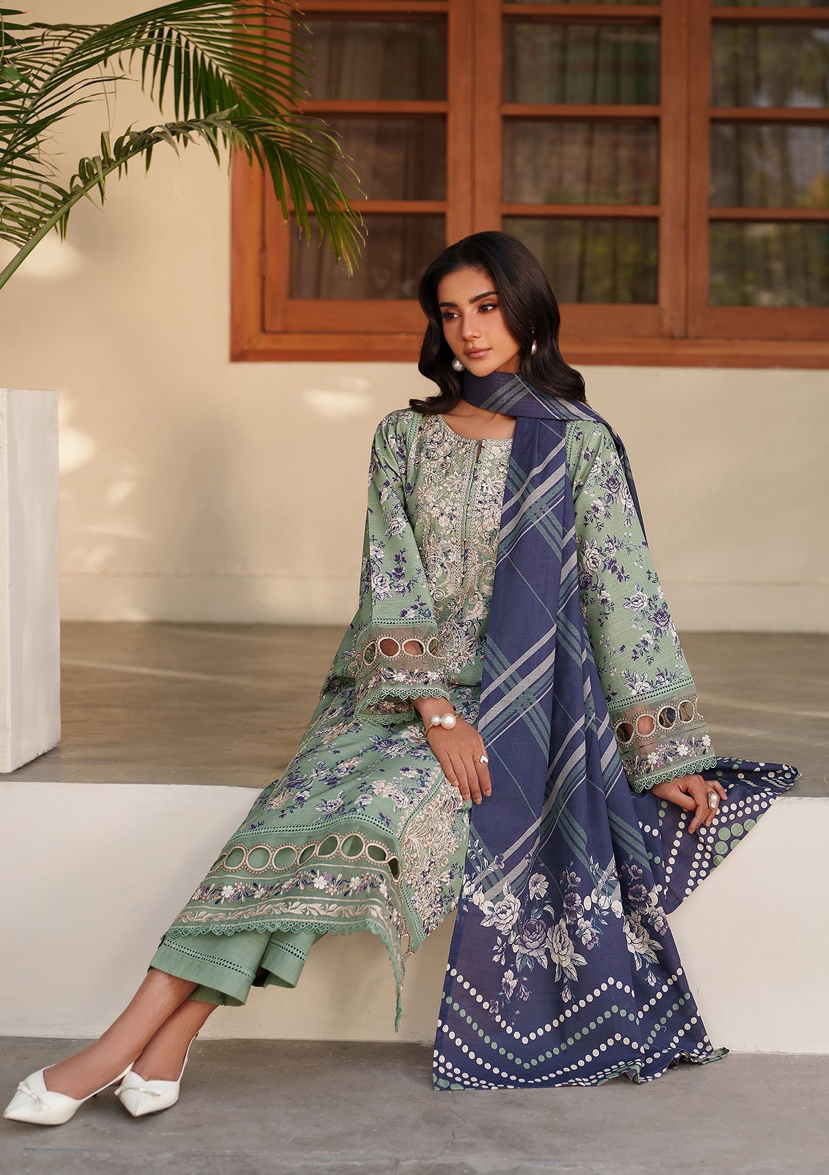 Tea Green Embroidered Lawn Suit Online in Dubai DXB UAE Abudhabi Meena Bazaar