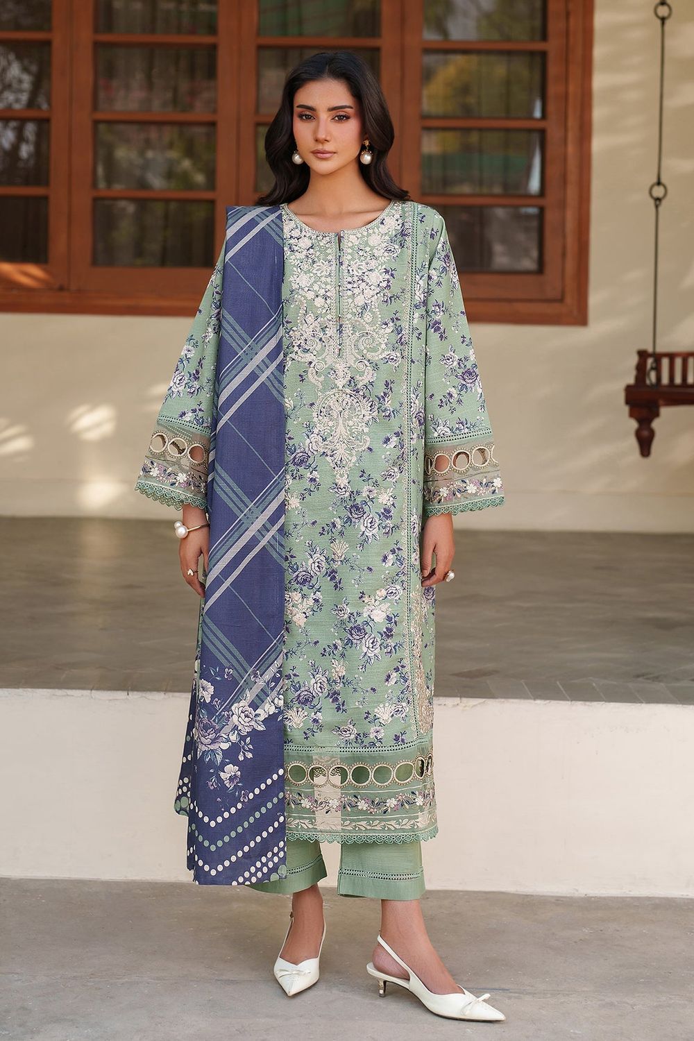 Tea Green Embroidered Lawn Suit Online in Dubai UAE Abudhabi Ajman Sharjah