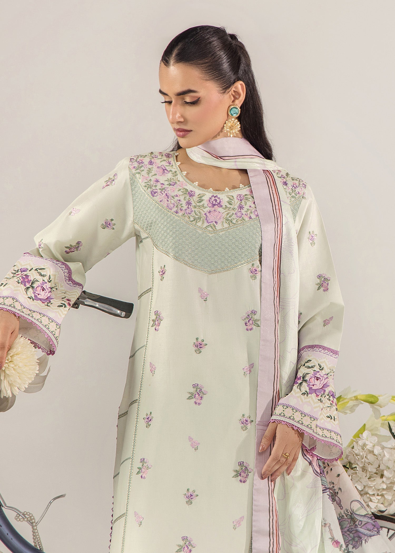 Tea Green Embroidered Lawn Three Piece Suit Online in Dubai UAE Abudhabi Ajman Sharjah