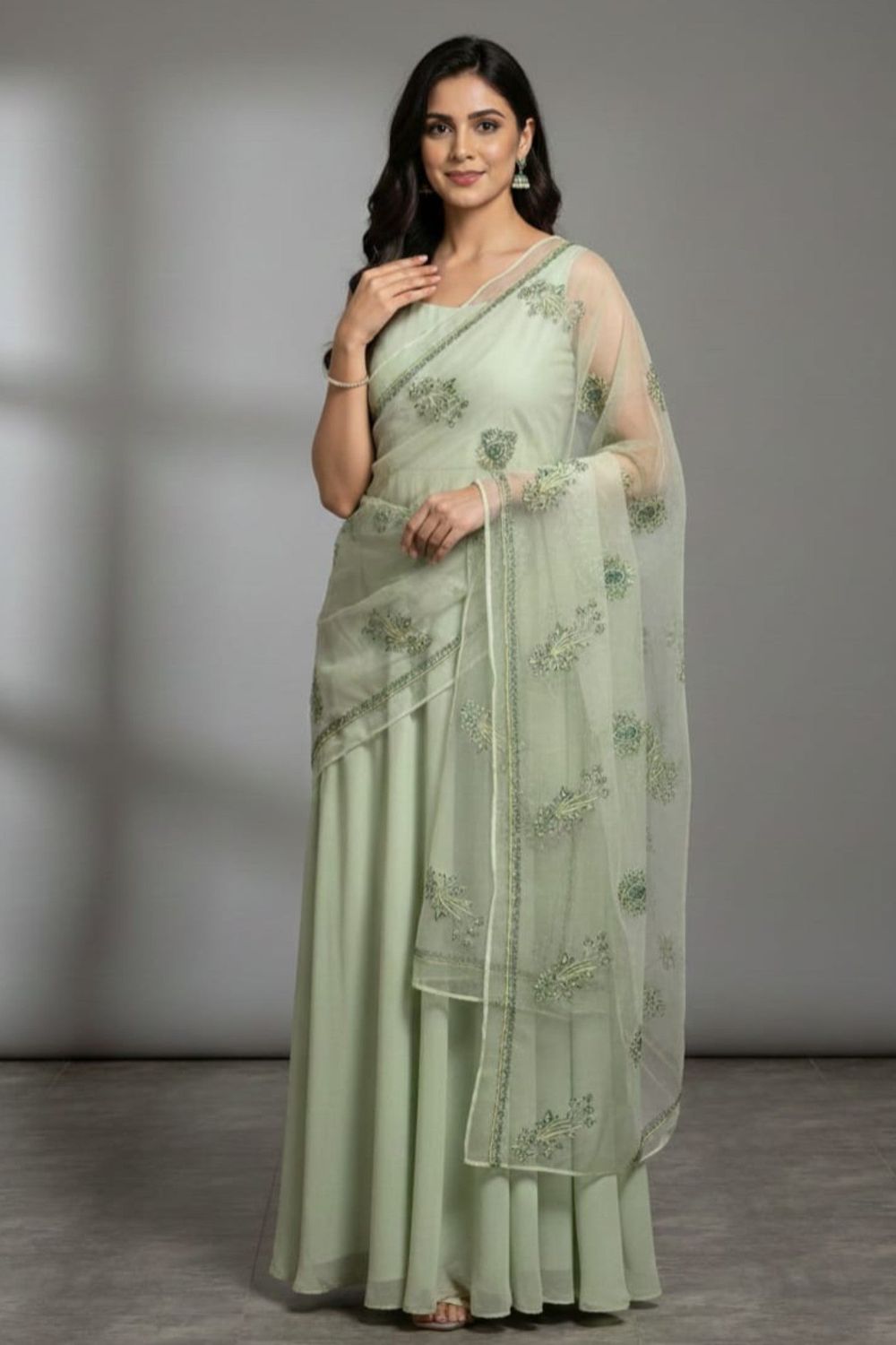 Tea Green Embroidered Organza Dupatta Online in Dubai UAE Abudhabi Ajman Sharjah