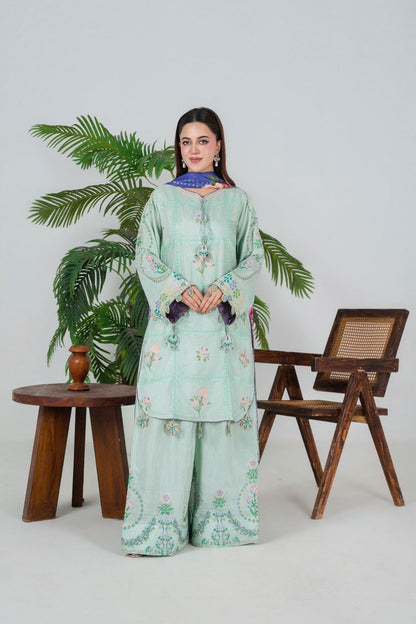 Tea Green Embroidered Silk Kurta Palazzo Dupatta Online in Dubai UAE Abudhabi Ajman Sharjah