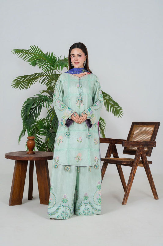 Tea Green Embroidered Silk Suit Online in Dubai UAE Abudhabi Ajman Sharjah