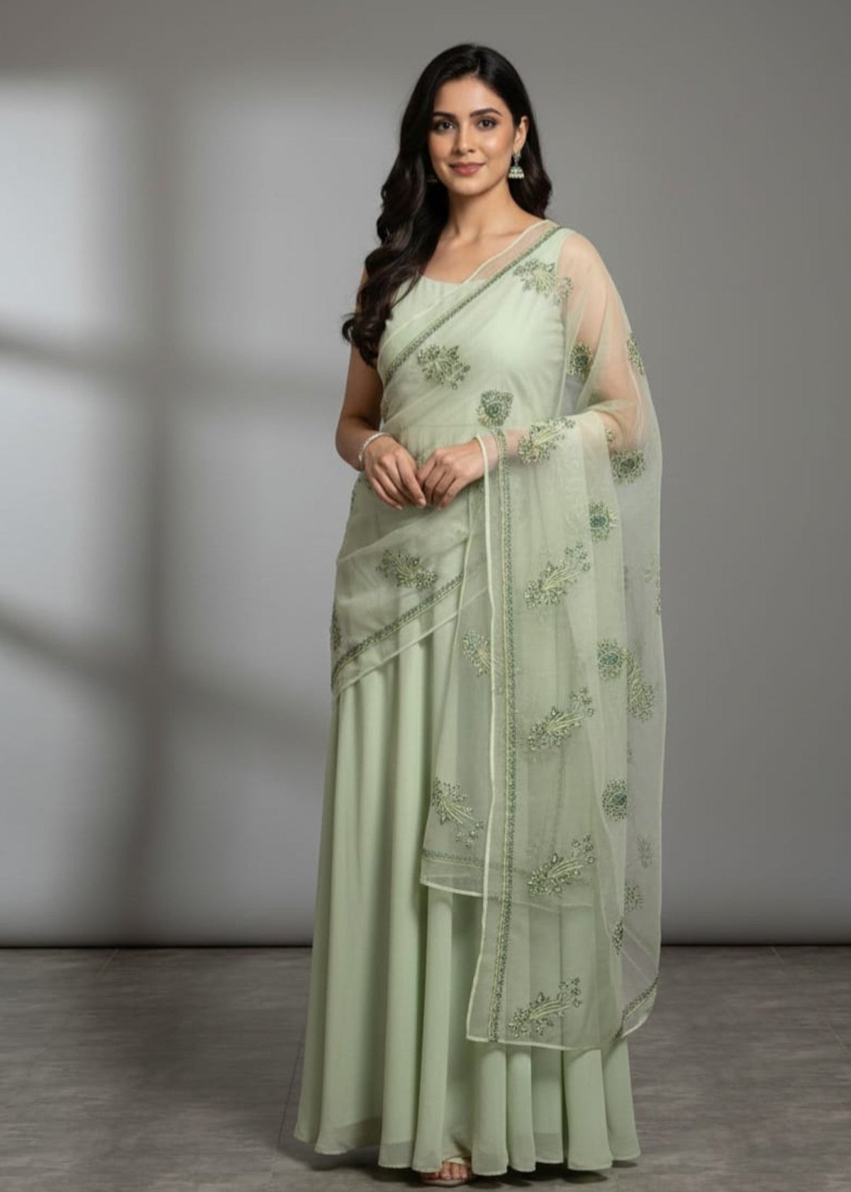 Tea Green Organza Embroidered Dupatta Online in UK USA Canada