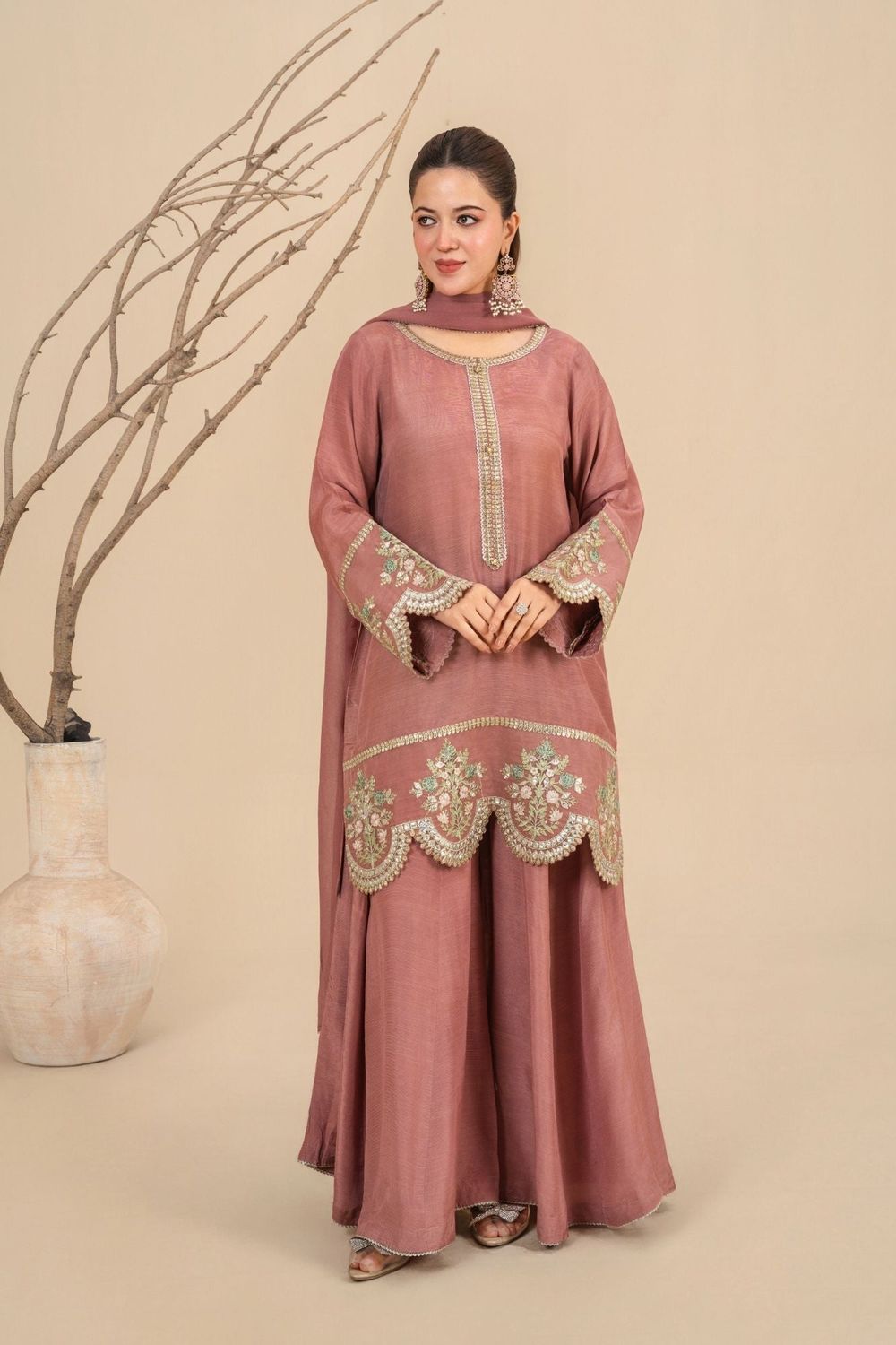 Tea Pink Embroidered Viscose Raw Silk Sharara Suit Online in Dubai UAE Abudhabi Ajman Sharjah