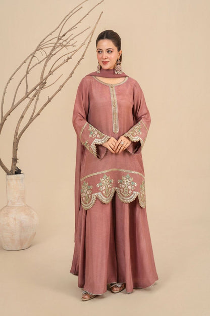 Tea Pink Embroidered Viscose Raw Silk Sharara Suit Online in Dubai UAE Abudhabi Ajman Sharjah