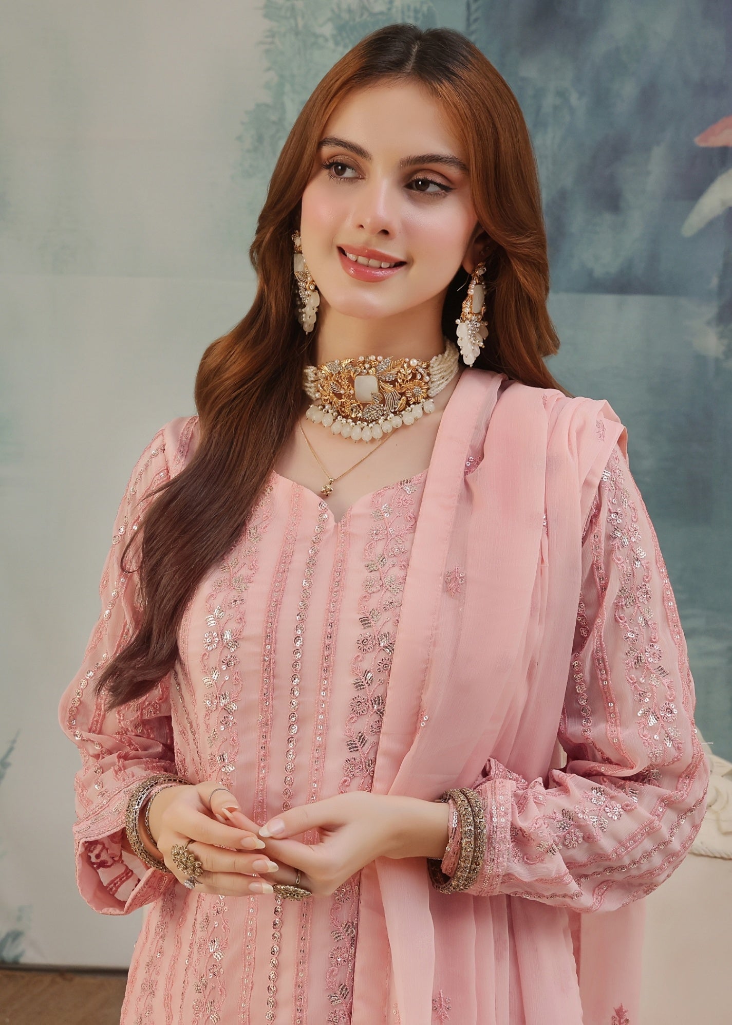 Tea Pink Festive Wear Chiffon Suit Online in Dubai DXB UAE Abudhabi Meena Bazaar